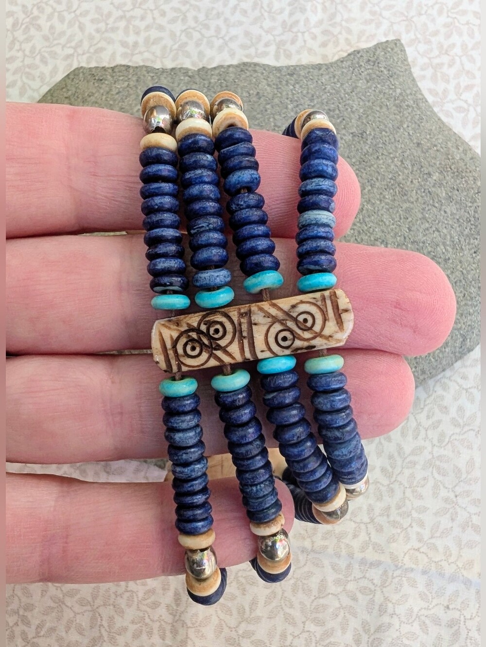 Boho Bone & Blue Beaded Multi-Strand Statement Bracelet - Handcrafted